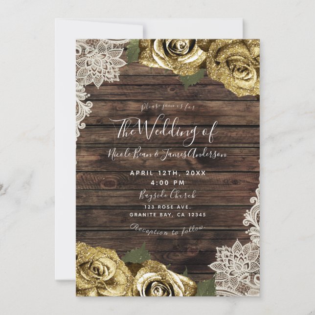 Gold Glitter Floral Roses Rustic Wood Cream Lace Invitation (Front)