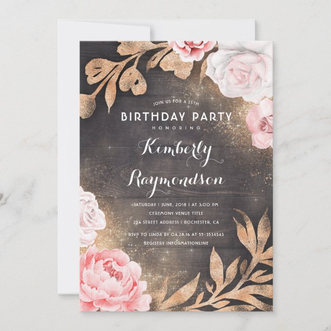 Gold Glitter Floral Rustic Country Birthday Party Invitation (Front)