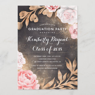 Gold Glitter Floral Rustic Country Graduation Invitation