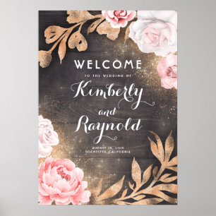 Gold Glitter Floral Rustic Wedding Welcome Sign