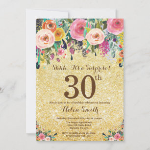 Gold Glitter Floral Surprise 30th Birthday Invitation