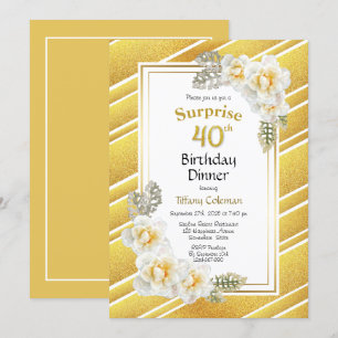 Gold Glitter Floral Surprise 40th Birthday Dinner Invitation