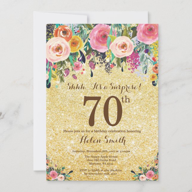 Gold Glitter Floral Surprise 70th Birthday Invitation (Front)