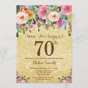Gold Glitter Floral Surprise 70th Birthday Invitation