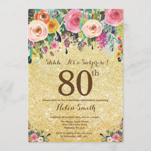 Gold Glitter Floral Surprise 80th Birthday Invitation
