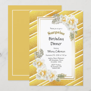 Gold Glitter Floral Surprise Birthday Dinner Invitation