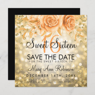 Gold Glitter Floral Sweet 16 Save The Date Invitation