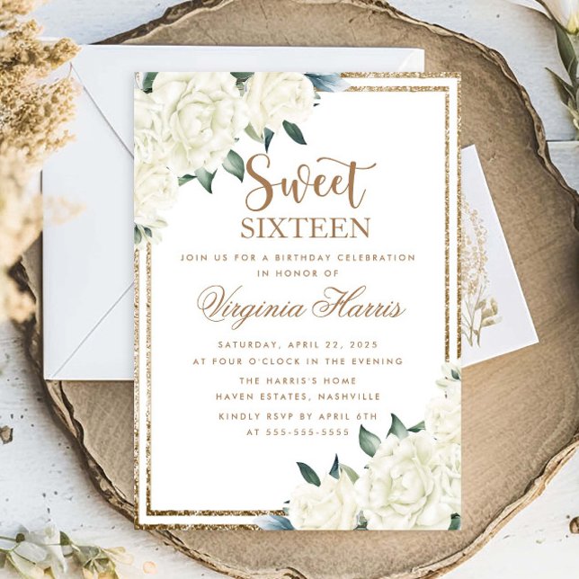 Gold Glitter Floral Sweet Sixteen 16 Birthday Invitation (Creator Uploaded)