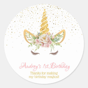 Gold Glitter   Floral Unicorn Horn Birthday Baby Classic Round Sticker