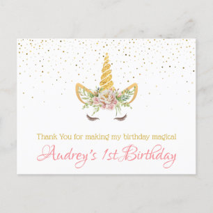 Gold Glitter   Floral Unicorn Horn Birthday Baby Holiday Postcard