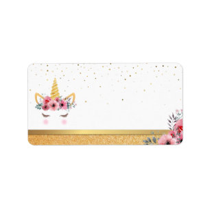 Gold Glitter   Floral Unicorn Horn Birthday Baby Label