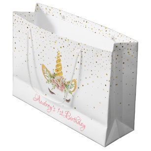 Gold Glitter   Floral Unicorn Horn Birthday Baby Large Gift Bag