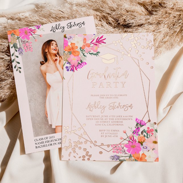 Gold glitter floral watercolor photo graduation (Rose Gold foil floral watercolor photo graduation)