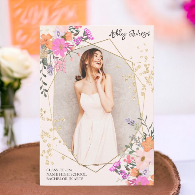 Gold glitter floral watercolor photo graduation announcement (Gold glitter floral watercolor photo graduation announcement)