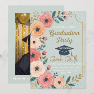Gold glitter floral watercolor photo graduation  invitation