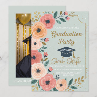 Gold glitter floral watercolor photo graduation  invitation