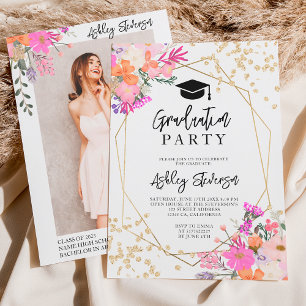 Gold glitter floral watercolor photo graduation invitation
