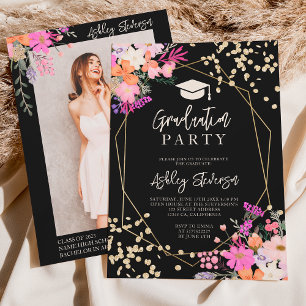 Gold glitter floral watercolor photo graduation invitation