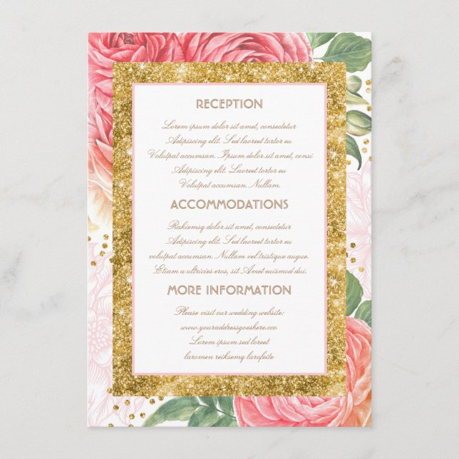 Gold Glitter Floral Wedding Information Guest Card (Front)