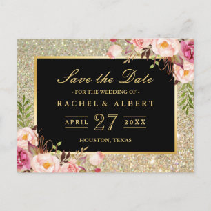 Gold Glitter Floral Wedding Save the Date Announcement Postcard