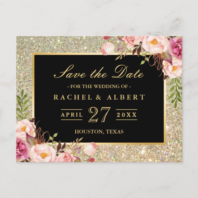 Gold Glitter Floral Wedding Save the Date Announcement Postcard (Front)