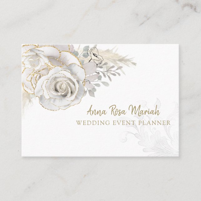 *~* Gold Glitter Floral White Rose Flower Elegant  Business Card (Front)
