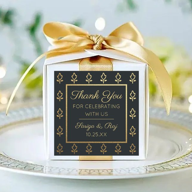 Gold Glitter Flower Wedding Return Gift Favour Square Sticker (indian wedding return gift favor sticker label, hindu wedding favors, sangeet mehndi favor packaging)