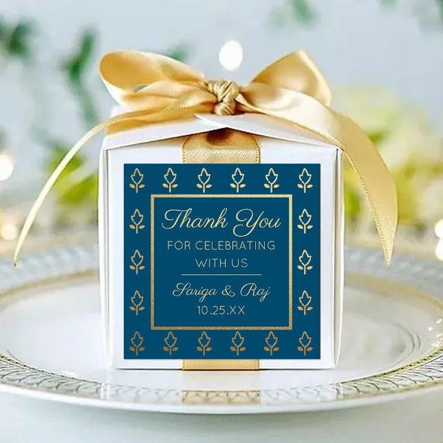 Gold Glitter Flower Wedding Return Gift Favour Square Sticker (indian wedding favor return gift label stickers, hindu wedding favor, mehndi sangeet favor packaging)