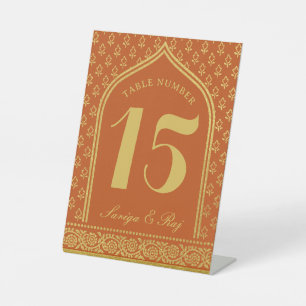 Gold Glitter Flower Wedding Table Number and Name Pedestal Sign