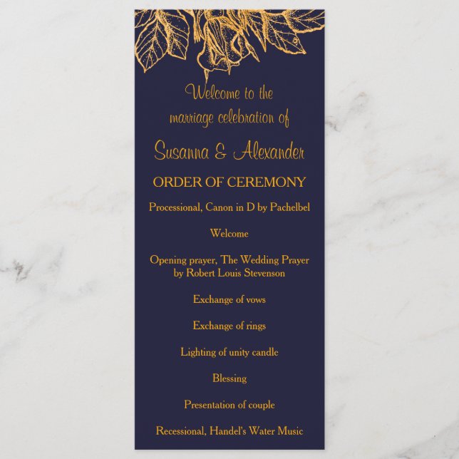 Gold Glitter Flowers and Dark Blue Wedding Program Programme (Front)