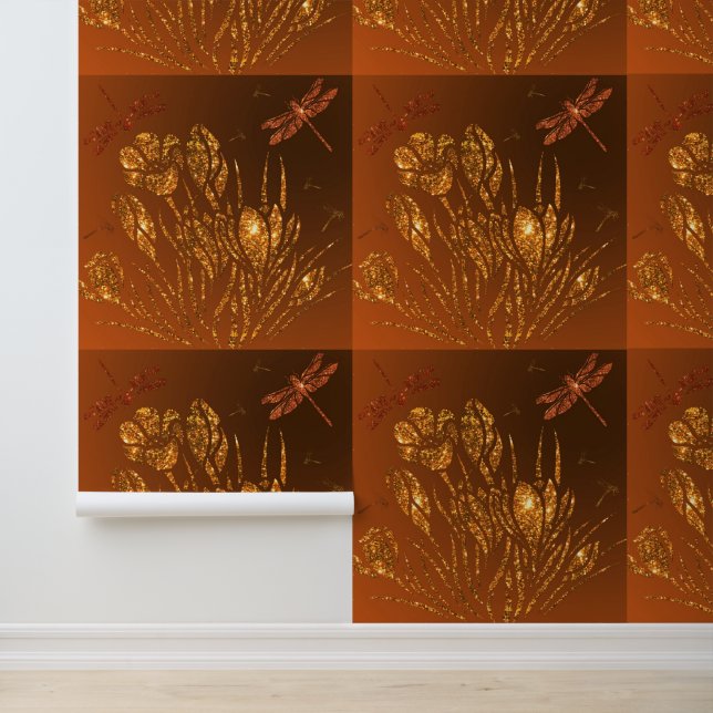 Gold Glitter Flowers and Dragonflies Wallpaper (Application)