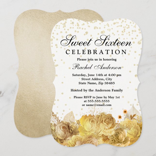 Gold Glitter Flowers Sweet 16 Invite (Front/Back)
