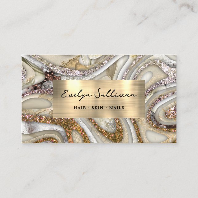 Gold Glitter Fluid Marble Business Card (Front)