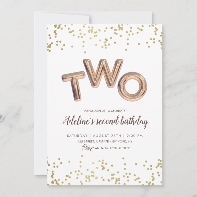 Gold Glitter Foil Balloon 2nd Birthday Girl Invitation (Front)