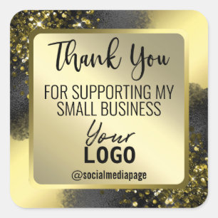 Gold Glitter Foil Black Thank You Business Logo Square Sticker