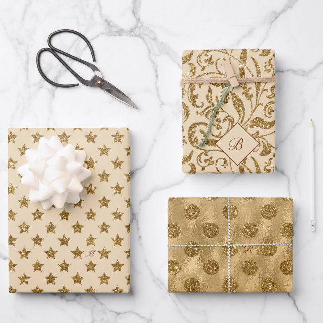 Gold Glitter Foil Pattern Monogrammed Christmas Wrapping Paper Sheet (Front)
