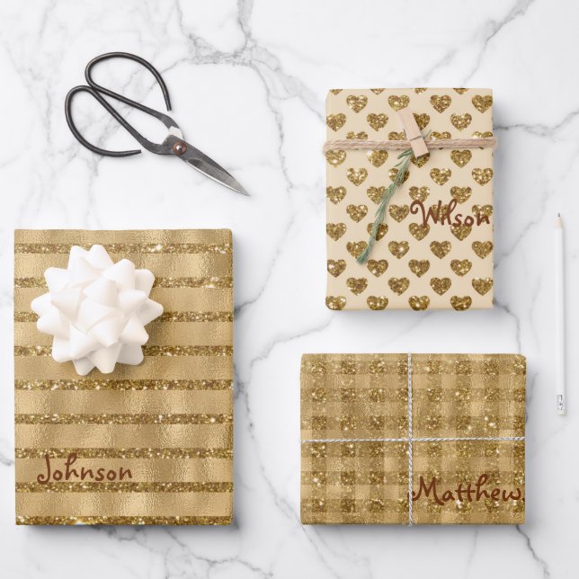 Gold Glitter Foil Pattern Monogrammed Christmas Wrapping Paper Sheet (Front)