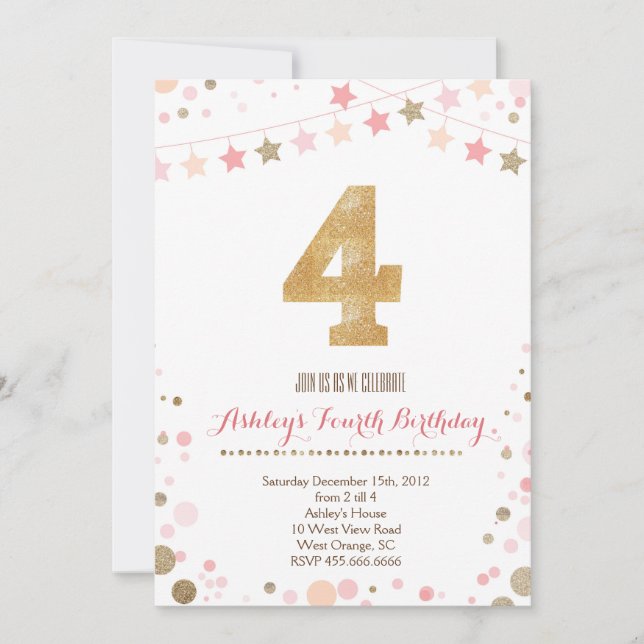 Gold Glitter Fourth Birthday Invitation (Front)
