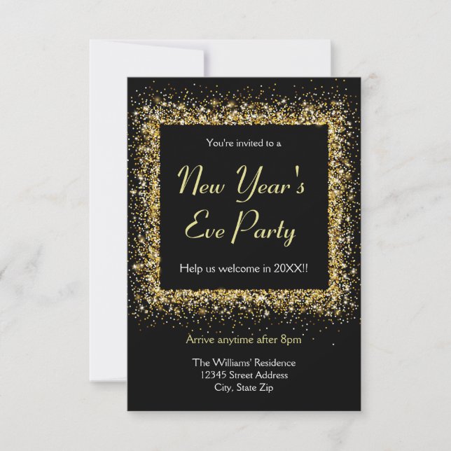 Gold Glitter Frame - 3x5 New Year's Eve Party Invitation (Front)