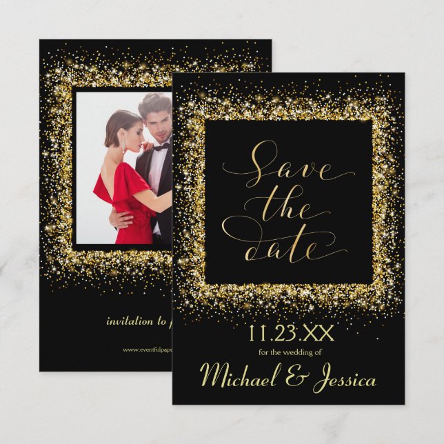 Gold Glitter Frame - 3x5 Save the Date Invitation (Front/Back)