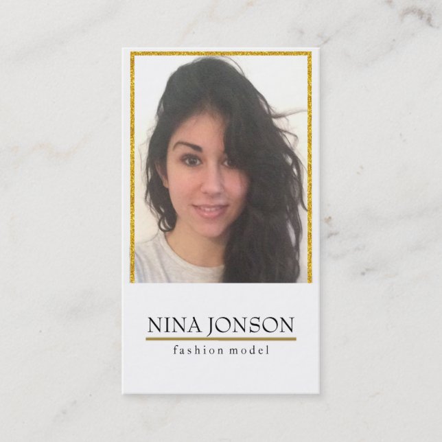 Gold Glitter Frame And Photo Business Card (Front)