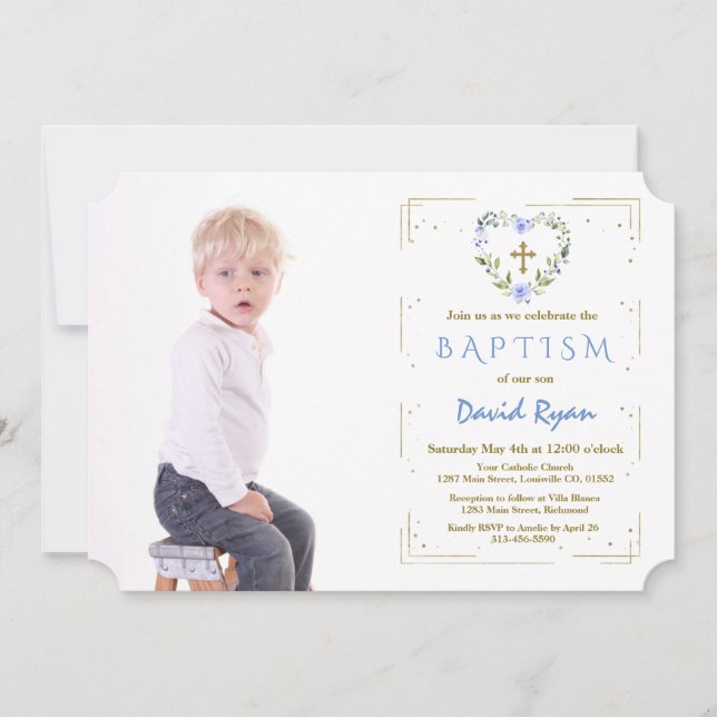 Gold Glitter Frame Cross Floral Boy Photo Baptism Invitation (Front)