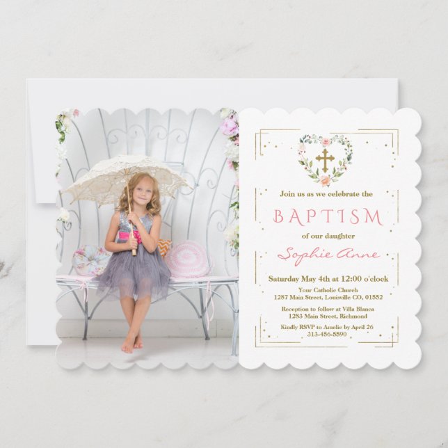Gold Glitter Frame Cross Floral Girl Photo Baptism Invitation (Front)