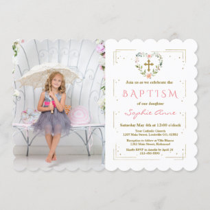Gold Glitter Frame Cross Floral Girl Photo Baptism Invitation