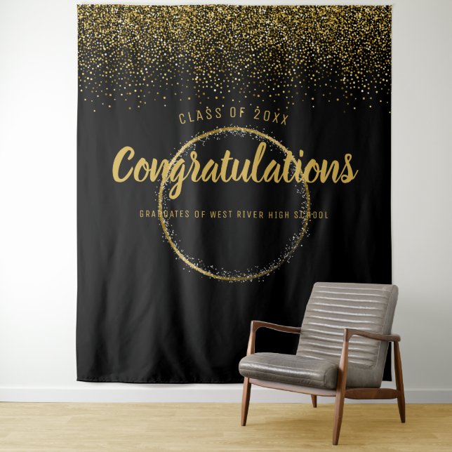 Gold Glitter Frame Graduation Photo Booth Backdrop Tapestry (In Situ)