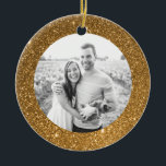 Gold Glitter Frame Holiday Christmas Ornament<br><div class="desc">A modern frame of faux gold glitter sparkles and shines on this custom Christmas ornament featuring your personal photo on one side and easily customised template text on the back. Commemorate the year with this personalised ornament or give to family as a unique holiday keepsake.</div>
