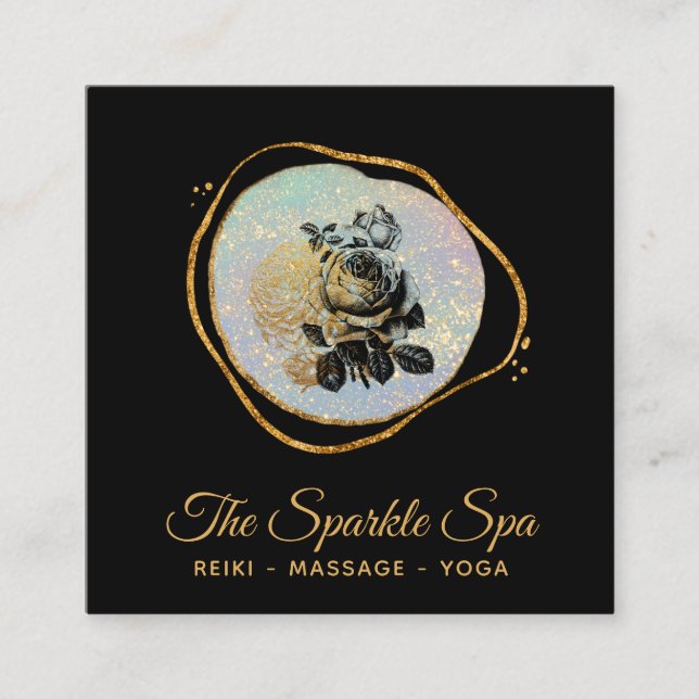 *~* Gold Glitter Frame Rose Floral Opal Square Business Card (Front)
