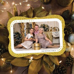 Gold Glitter Framed Photo Family Christmas Card