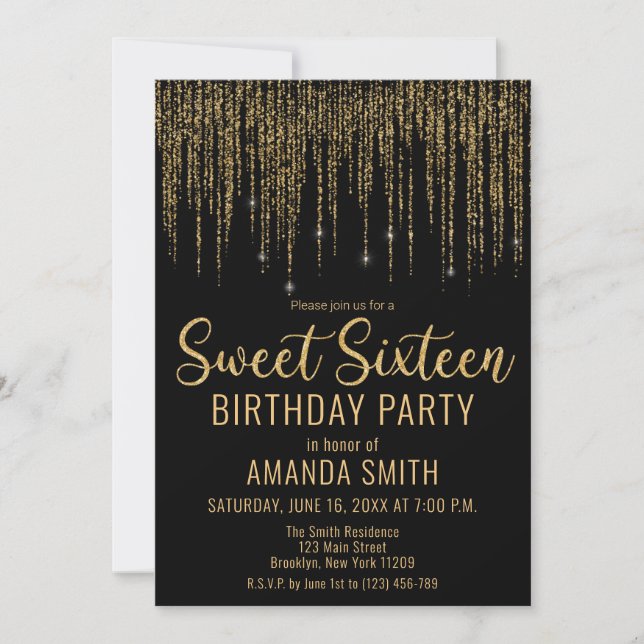 Gold Glitter Fringe Curtain Sweet 16 Invitation (Front)