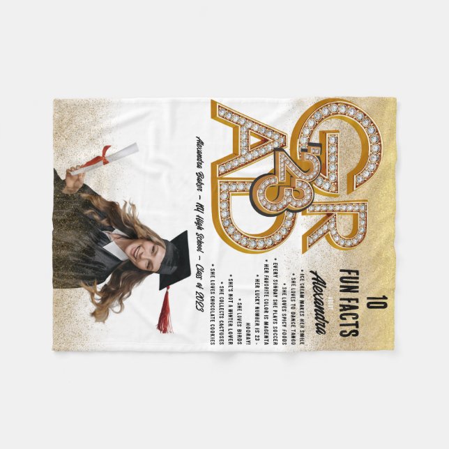 Gold Glitter Fun Facts Photo 2023 Grad Graduation Fleece Blanket (Front (Horizontal))